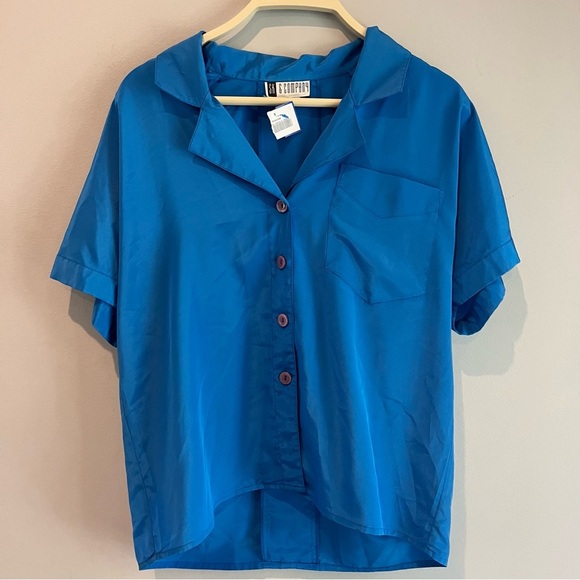 Vintage Women’s short sleeve button up blue top SK & Company secretary blouse - Picture 1 of 7